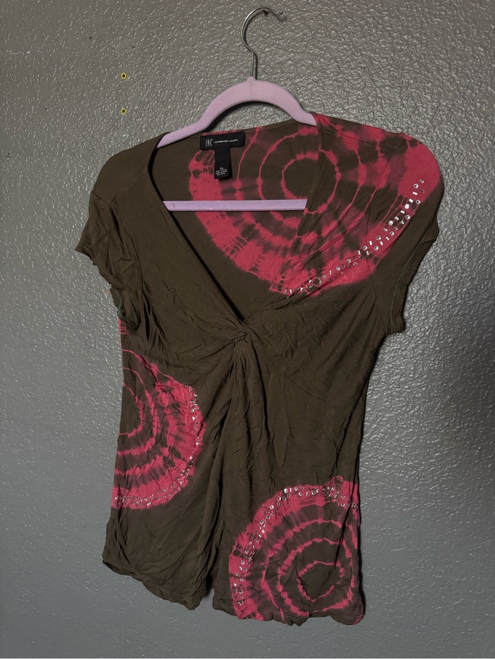 Y2K Brown & Pink STUDDED Tie-Dye V-Neck Top with Knot Detail